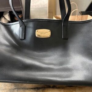 Michael Kors Black Leather Tote with Gold Accents